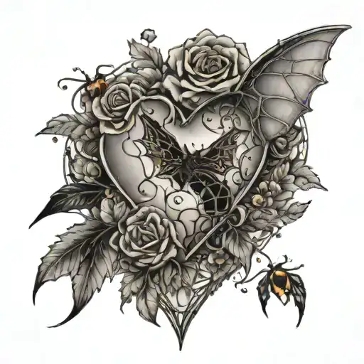 A heart shaped vase that has a spiderweb on it. From the vase come out autumnal flowers. Perched in the flowers is a bat tattoo design idea