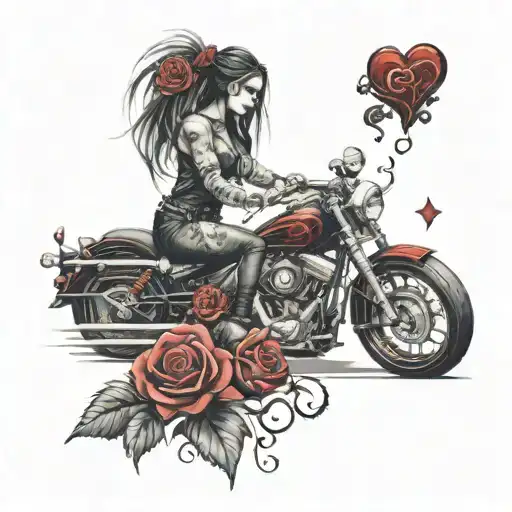 tattooed gothic biker chick leaned against a Harley, with black and red gothic type of red and black roses and hearts  tattoo design idea