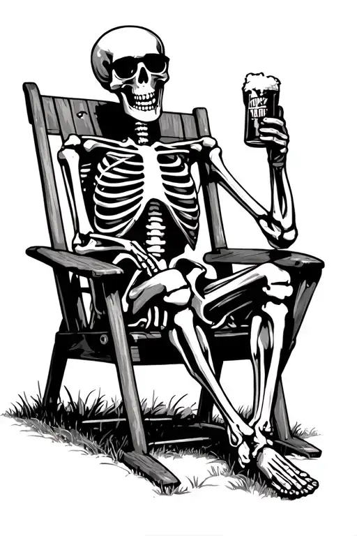 skeleton sitting in a lawn chair with sunglasses on while holding up a beer. New Hampshires in the background tattoo design idea