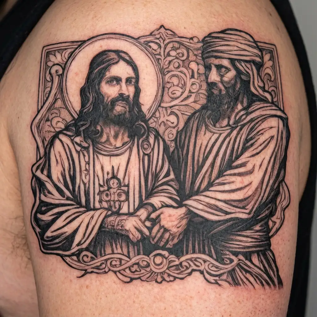 jesus christ and prophet muhammad shaking hands in peace as brothers tattoo design idea