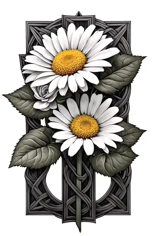 daisy flower intertwined with two roses intertwined in front of celtic cross tattoo design idea