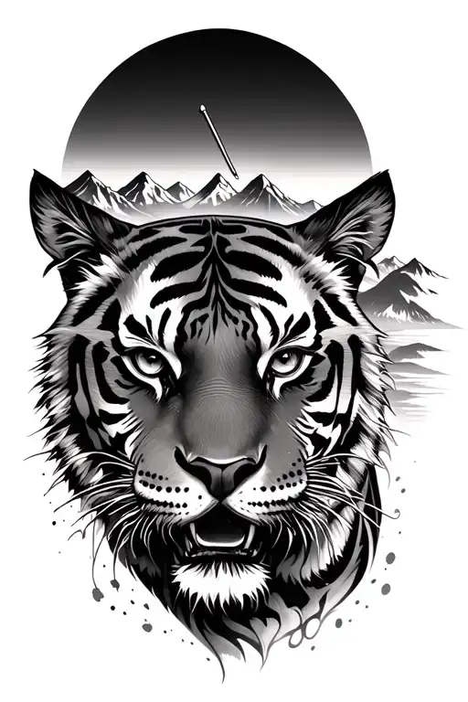 clock tiger face with mountains  tattoo design idea