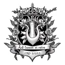 "Ad lunam et retro" family crest featuring floral crown and Gabriel's horn tattoo design idea
