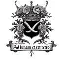 "Ad lunam et retro" family crest featuring floral crown and Gabriel's horn tattoo design idea