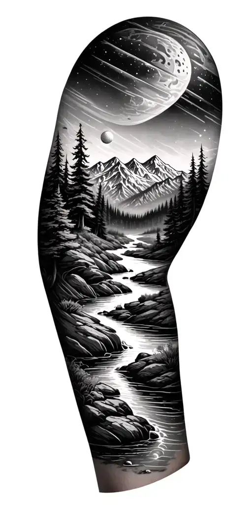 Forearm - river through mountain and trees with disc golf and a place to tally hole in one. Above the mountains is space tattoo design idea