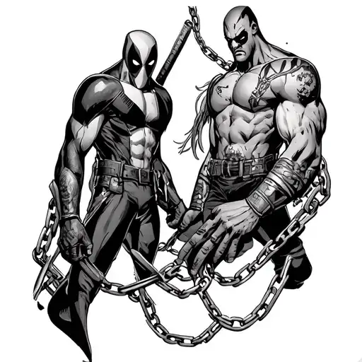 Tattoo GPTYou said:Comic book sleeve tattoo include Deadpool spawn and Hellboy and have chains from spawn wrapping aro tattoo design idea
