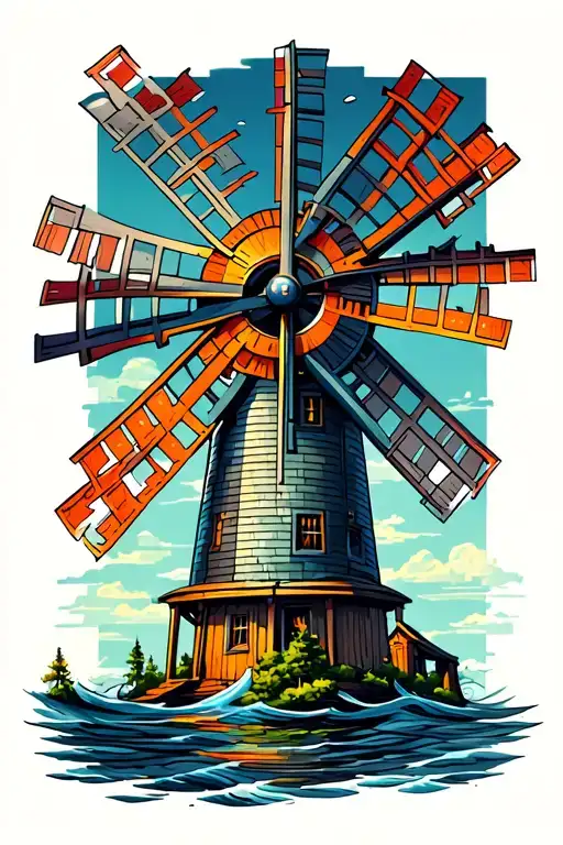 windmill and hydro turbine with wind and water tattoo design idea