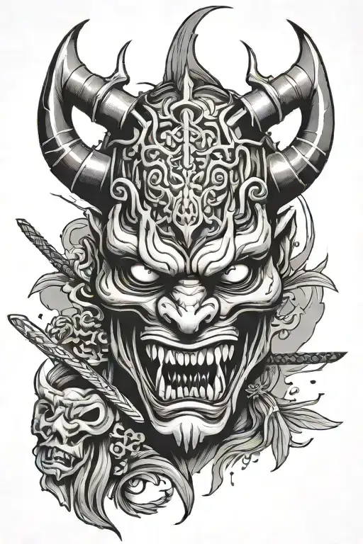 broken oni mask with a katana going through it on the top tattoo design idea