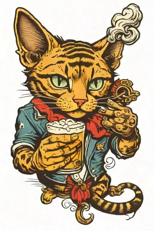 cat holding a beer and smoking a cigarette tattoo design idea