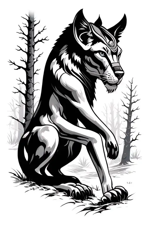 sekhmet stalking prey in woods tattoo design idea