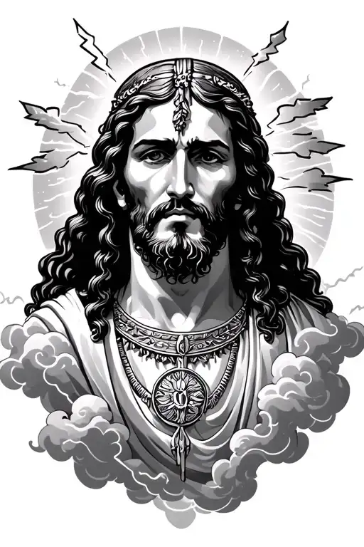 San Judas Tadeo with clouds and lightning tattoo design idea