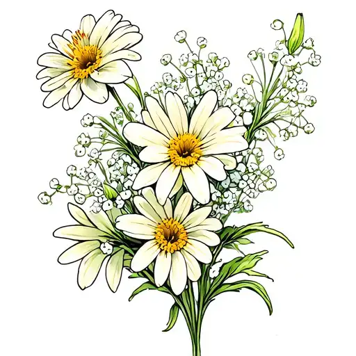 lily rose daisies baby's breath tattoo design idea