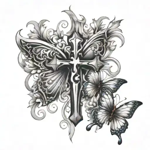 chrome heart cross and butterflies tattoo design idea