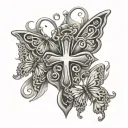 chrome heart cross and butterflies tattoo design idea