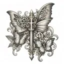 chrome heart cross and butterflies tattoo design idea