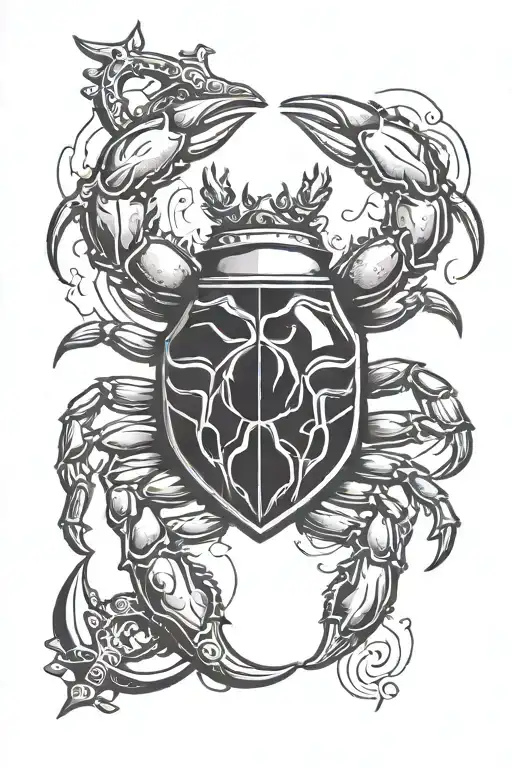 The crab holds a shield in its claw, and on the shield is depicted the symbol of anarchy tattoo design idea