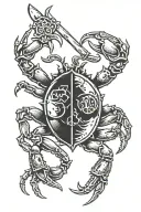 The crab holds a shield in its claw, and on the shield is depicted the symbol of anarchy tattoo design idea