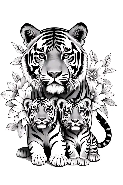 flowers, mama tiger and cubs for kids tattoo design idea