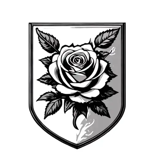 black traditional rose in a heraldic shield tattoo design idea