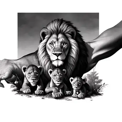 forearm tattoo of real life lion over looking 3 cubs tattoo design idea