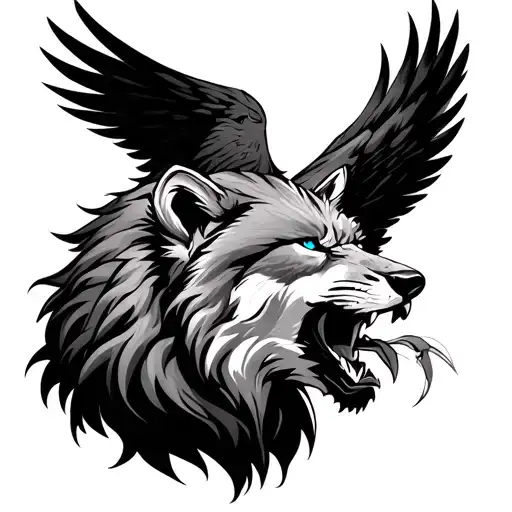 agresive lion roaring wolf roaring eagle with blue eyes  tattoo design idea