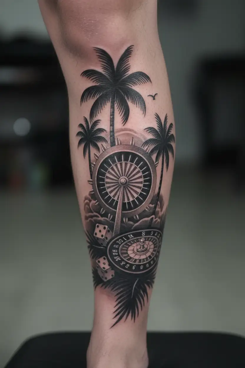 travel themed with palm trees and a roulette wheel tattoo design idea