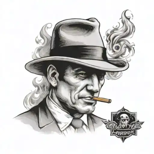 A bold and detailed tattoo depicting a classic mafia boss silhouette with a fedora hat and cigar, surrounded by smoke and shadows, showcasing the mysterious allure of the underworld. tattoo design idea