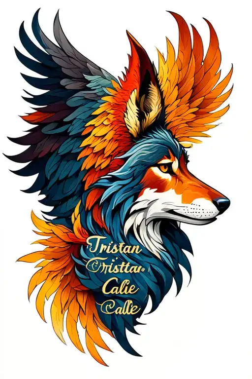 a shoulder tattoo with a phoenix and wolf design featuring names Tristan and Callie tattoo design idea