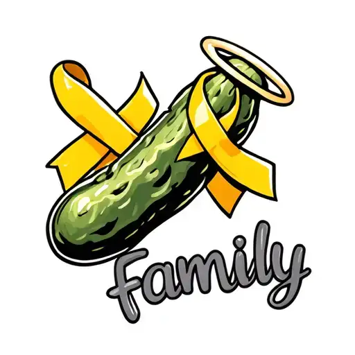 word family, yellow cancer ribbon, pickle wearing a halo tattoo design idea