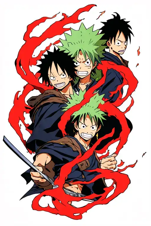 Shanks, Garp, Zoro and Luffy from one piece overlapping each other with red Conquerors Haki entwined through out tattoo design idea