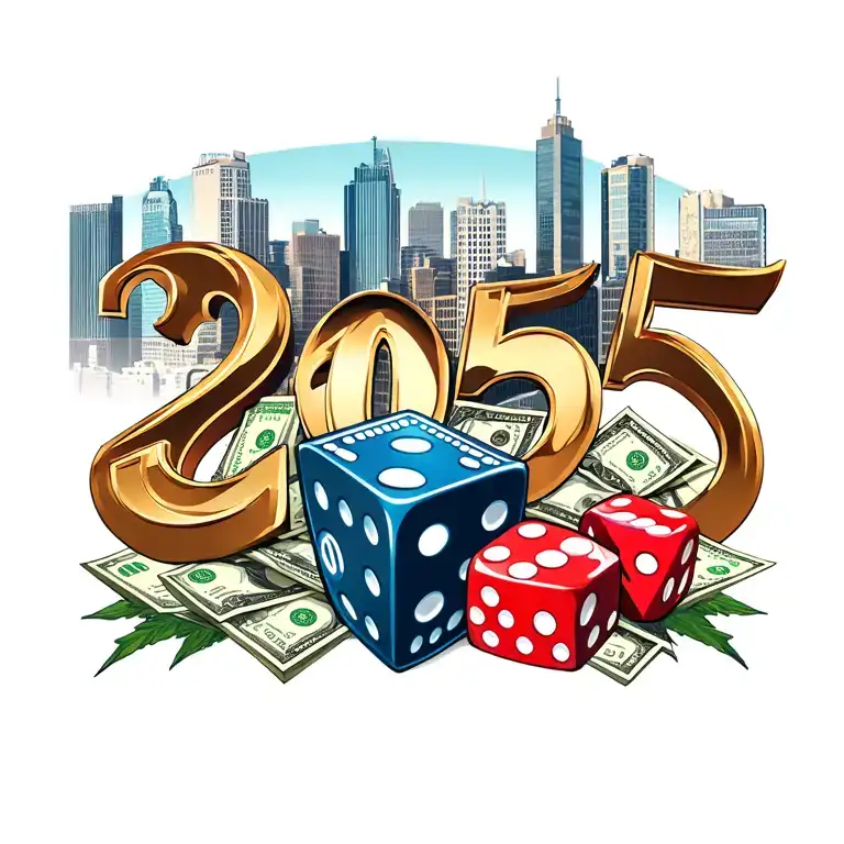city skyline of birmingham, big numbers 205 for area code in background, ar15, money, girls, dice, ski mask tattoo design idea