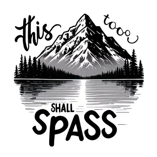 mountain scene of a lake and the mountain is made out of the phrase "this too shall pass" in cursive  tattoo design idea