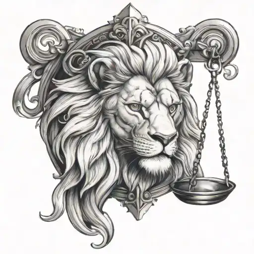 lion head and justice scales forming the shape tattoo design idea