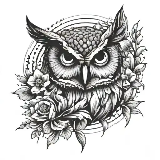 owl face with no geometric surrounded by cosmo flower and gladiolus flower tattoo design idea