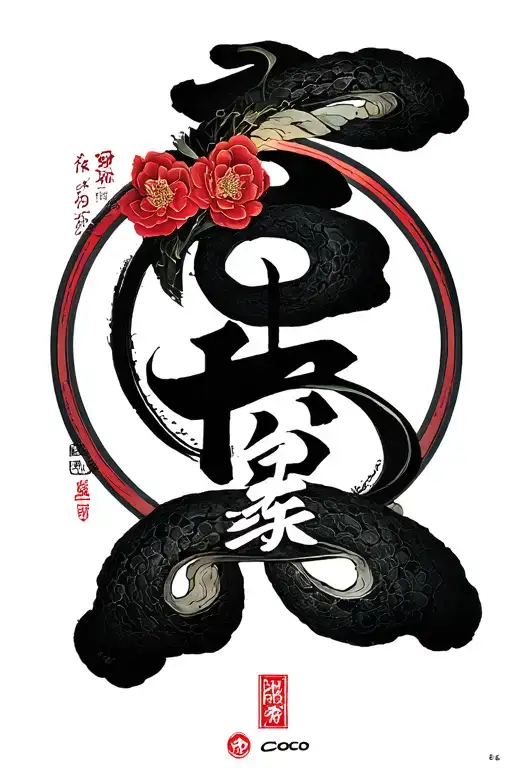 a Chinese style circle with the word Kuo and the word coco all interconnected together tattoo design idea