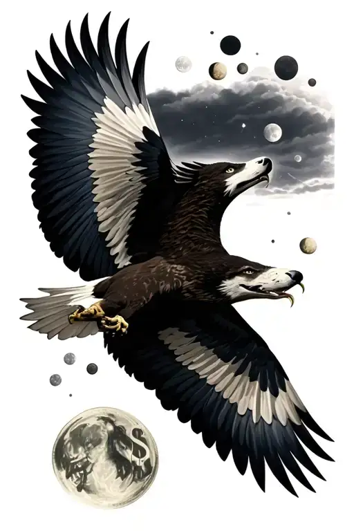 Wolf howling eagle flying Dollar Bills Moon phases tattoo design idea