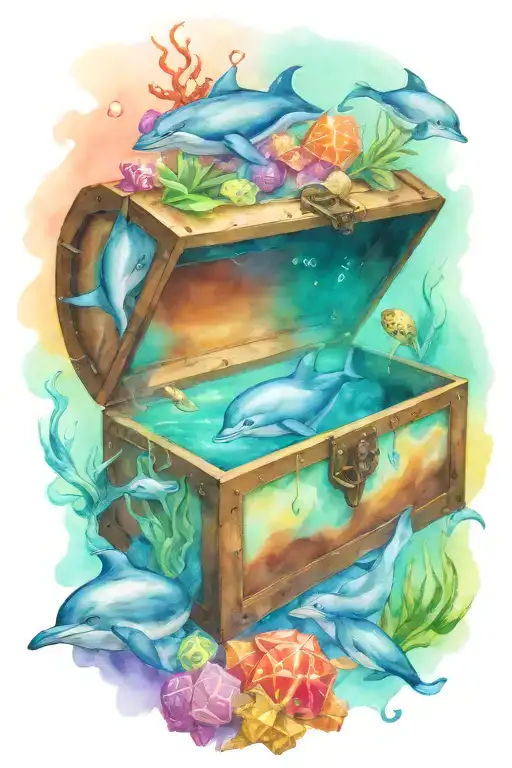 treasure chest smoking with ideas: Dolphins, D&D dice, paint brush, sea turtles tattoo design idea