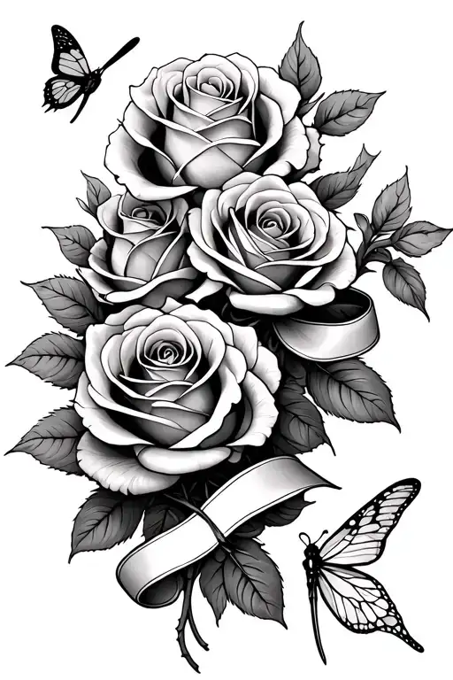 4 roses wrapped loosely, ribbon intertwined, dragonfly, butterfly tattoo design idea