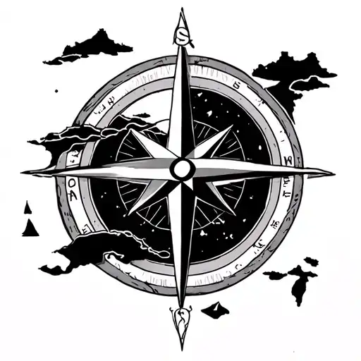 A black-grey tattoo of a compass rose with Lake Erie as the center point and various islands surrounding it tattoo design idea