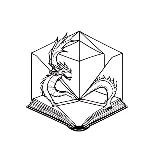 a book, a dragon and a tesseract cube tattoo design idea