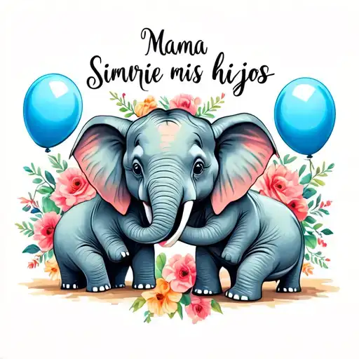 Mama and two baby elephant holding blue Ballon hearts and says Siempre mis hijos tattoo design idea