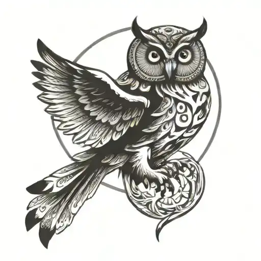 owl flying towards the sun moon tattoo design idea