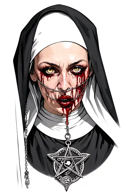 A demonic nun who is ball gagged with rosary beads, the pendant on the rosary should be a pentagram. her eyes bleeding tattoo design idea