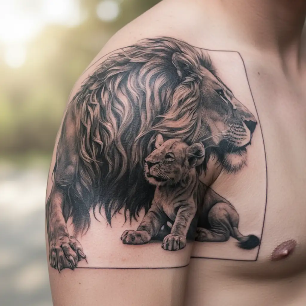 A lion and cub portrait with intricate details, showcasing the beauty and strength of the father-son bond tattoo design idea
