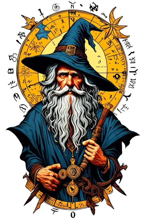 A tattoo of a wizard in a ghetto surrounded by elements representing different zodiac signs tattoo design idea