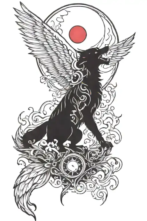 wolf with a blood sword, the moon, and a phoenix tattoo design idea