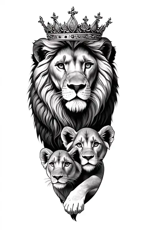 lion wearing a crown, roses, Lioness protecting 2 cubs tattoo design idea