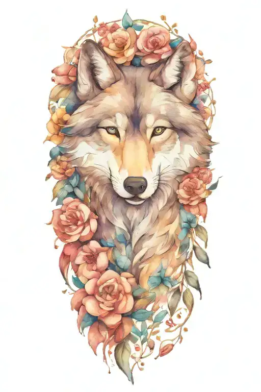 wolf and flowers intertwined tattoo design idea