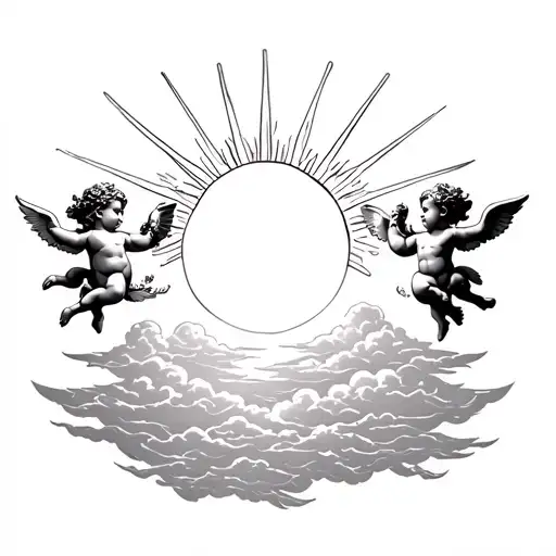 three Cherubs side by side with sun rays above and clouds below  tattoo design idea