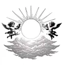three Cherubs side by side with sun rays above and clouds below  tattoo design idea